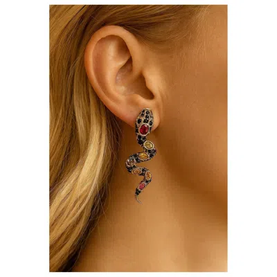 Pre-owned Bochic “orient” Vintage Ruby & Sapphire Serpent Earrings Set 18k Gold & Silver In Blue