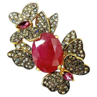 Pre-owned Bochic “orient” Vintage Ruby & Sapphire Vintage Cluster Ring Set 18k & Silver In Blue
