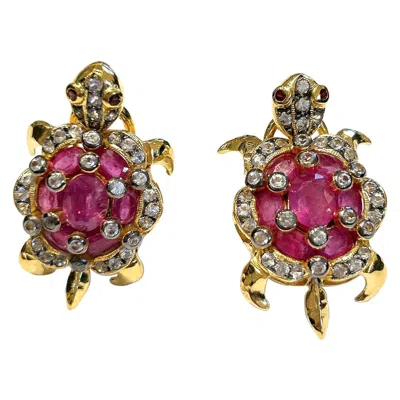 Pre-owned Bochic “orient” Vintage Ruby & White Topaz Turtle Earrings Set 18k Gold & Silver