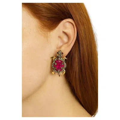 Pre-owned Bochic “orient” Vintage Ruby & White Topaz Turtle Earrings Set 18k Gold & Silver