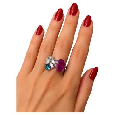 Pre-owned Bochic Orient Vintage Ruby, Apatite & Topaz Cocktail Ring In 18k Gold In Multi