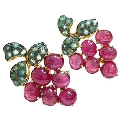 Pre-owned Bochic “orient” Vintage Ruby Bubbles & Green Emerald Earrings 18k Gold&silver