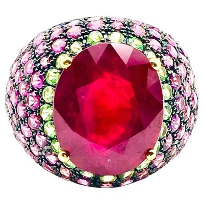 Pre-owned Bochic “orient” Vintage Ruby, Emerald & Sapphire Ring Set 18k Gold & Silver In Green