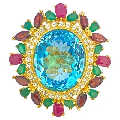Pre-owned Bochic “orient” Vintage Ruby, Garnet & Emerald Ring Set In 18 K Gold & Silver In Green