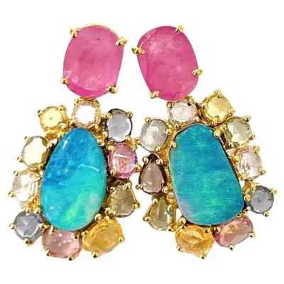 Pre-owned Bochic “orient” Vintage Ruby, Opal & Sapphire Earrings - 18k Gold & Silver In Blue
