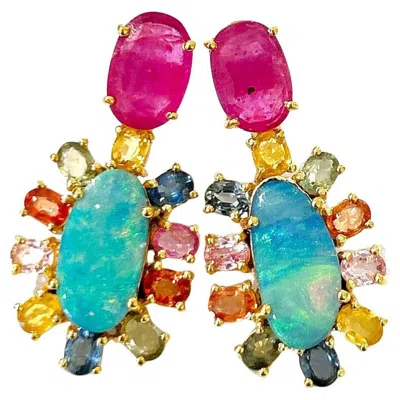 Pre-owned Bochic “orient” Vintage Ruby, Opal & Sapphires Earrings - 18k Gold & Silver In Multi