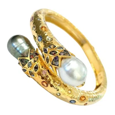 Pre-owned Bochic “orient” Vintage Ruby, Pearl & Multi Sapphire Dragon Bangle Set In 18k Go In Blue