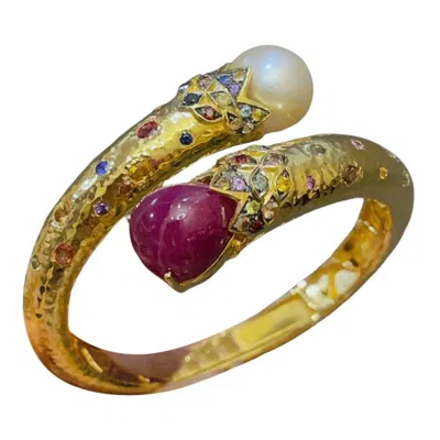Pre-owned Bochic “orient” Vintage Ruby, Pearl & Multi Sapphire Dragon Bangle Set In 18k Go In Blue