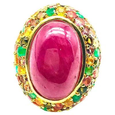 Pre-owned Bochic “orient” Vintage Ruby, Sapphire & Emerald Ring Set In 18k Gold & Silver In Green