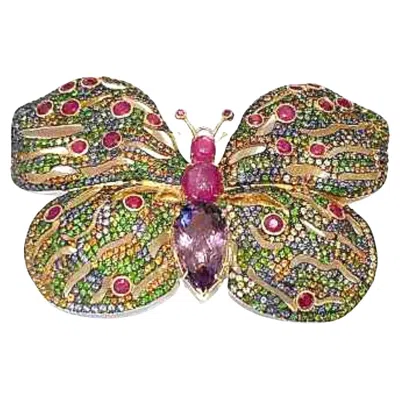 Pre-owned Bochic “orient” Vintage Ruby, Sapphires & Amethyst Brooch - 18k Gold & Silver In Purple