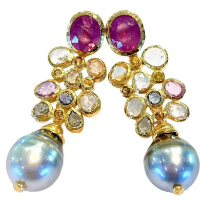 Pre-owned Bochic “orient” Vintage Ruby, Sapphires & Pearl Earrings - 18k Gold & Silver In Multi