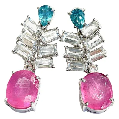 Pre-owned Bochic “orient” Vintage Ruby, Topaz & Blue Appetite Earrings 18k Gold & Silver