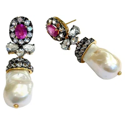 Pre-owned Bochic “orient” Vintage Ruby, Topaz & White Pearls Earrings - 18k Gold & Silver
