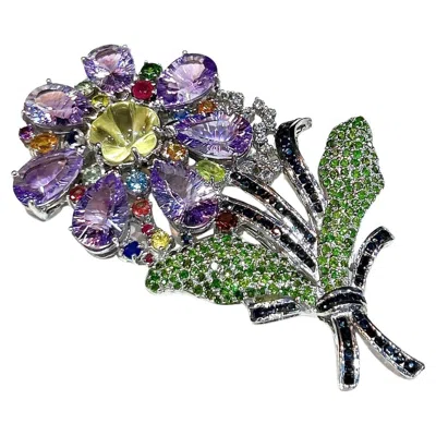 Pre-owned Bochic “orient” Vintage Sapphire, Amethyst & Tsavorite Brooch - 18k Gold & Silv In Purple