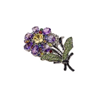 Pre-owned Bochic “orient” Vintage Sapphire, Amethyst & Tsavorite Brooch - 18k Gold & Silv In Purple