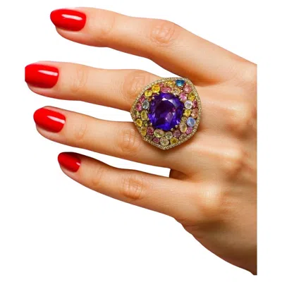 Pre-owned Bochic “orient” Vintage Sapphire & Amethyst Cocktail Ring 18k Gold & Silver In Purple