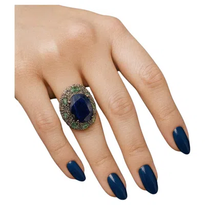 Pre-owned Bochic “orient” Vintage Sapphire & Emerald Ring Set In 18k Gold & Silver In Green
