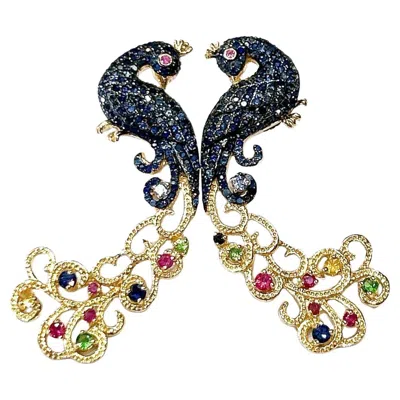 Pre-owned Bochic “orient” Vintage Sapphire & Multi Gem Peacock Earrings 18k Gold & Silver In Blue
