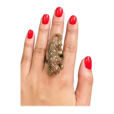 Pre-owned Bochic “orient” Vintage Sapphire & Ruby Panther Ring Set In 18 K Gold & Silver In Blue