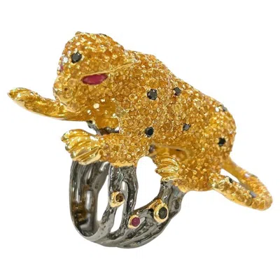 Pre-owned Bochic “orient” Vintage Sapphire & Ruby Panther Ring Set In 18 K Gold & Silver In Blue