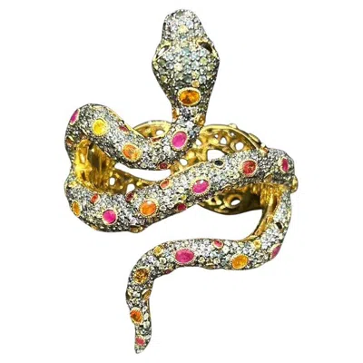 Pre-owned Bochic “orient” Vintage Sapphire & Ruby Serpent Cuff Set In 18k Gold & Silver In Blue