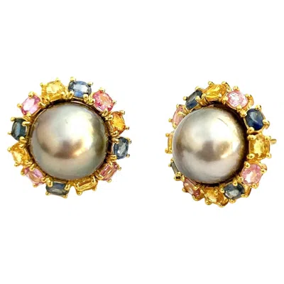 Pre-owned Bochic “orient” Vintage Sapphire & South Sea Pearl Earrings 18k Gold & Silver In Blue