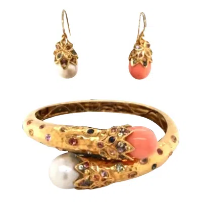 Pre-owned Bochic “orient” Vintage Sapphire & South Sea Pearl Earrings & Bangle 18k & Silv In Blue