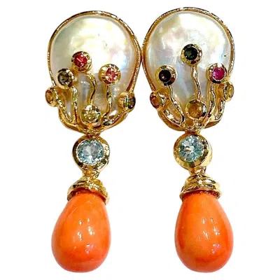 Pre-owned Bochic “orient” Vintage Sapphire, Coral & Pearl Earrings Set 18k Gold & Silver In Red