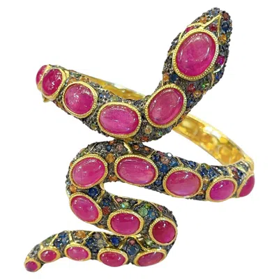 Pre-owned Bochic “orient” Vintage Serpent Fancy Sapphire & Ruby Bangle - 18k Gold & Silver In Blue