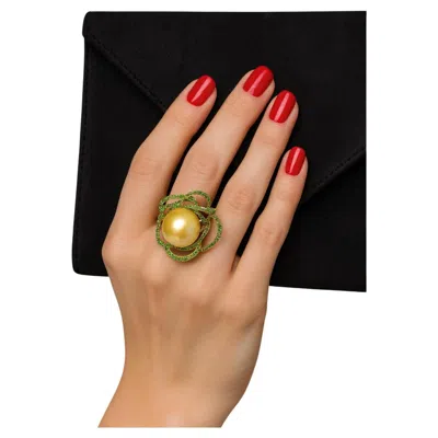 Pre-owned Bochic “orient” Vintage South Sea Pearl & Emerald Ring Set 18k Gold & Silver In Green
