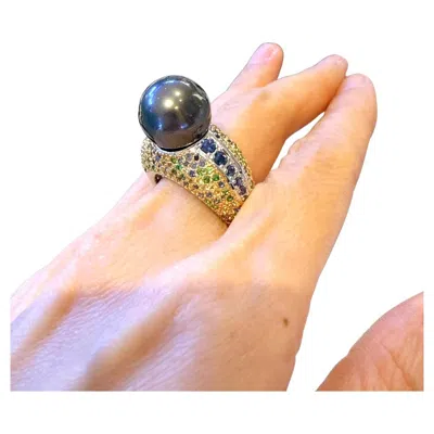 Pre-owned Bochic “orient” Vintage South Sea Pearl & Fancy Blue Sapphires Ring Set 18k Gold