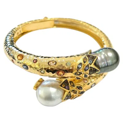 Pre-owned Bochic “orient” Vintage South Sea Pearl & Sapphire Bangle - 18k Gold & Silver In Blue