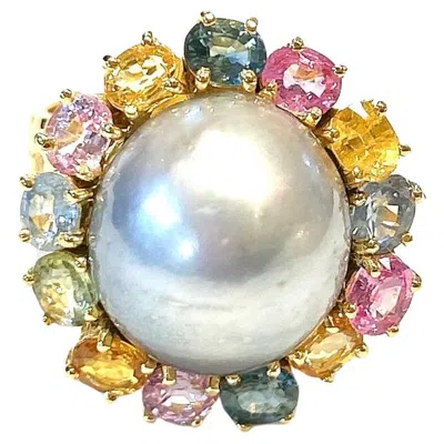 Pre-owned Bochic “orient” Vintage Tahiti South Sea & Fancy Sapphire Ring 18k & Silver In Blue