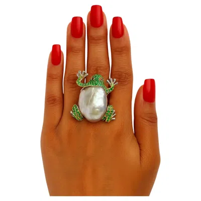 Pre-owned Bochic “orient” Vintage White Sea Pearl & Emeralds Ring Set In 18k Gold & Silver