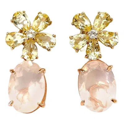 Pre-owned Bochic “orient” Vintage Yellow Citrine & Pink Quartz Earrings 18k Gold & Silver