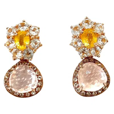 Pre-owned Bochic “orient” Yellow Citrine & Pink Quartz Earrings Set In 18k Gold & Silver