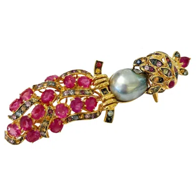 Pre-owned Bochic The  "orient" Pearl, Rubies & Sapphires Pendant Set In 18k Gold & Silver In Multi