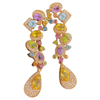 Pre-owned Bochic Vintage Cascading “capri” Multi Natural Gem Earrings 18k Gold & Silver