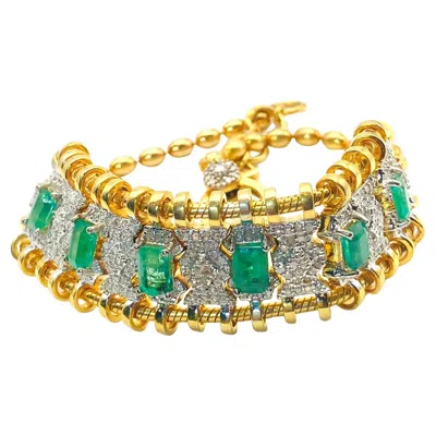 Pre-owned Bochic “vintage Retro” Diamonds & Emeralds Bracelet Set In 18k Gold & Silver In Multi