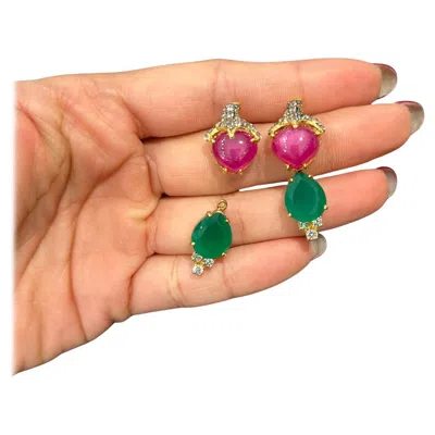 Pre-owned Bochic Vintage Ruby & Green Aventurine Clip Earrings Set 18k Gold & Silver