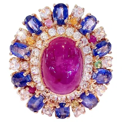 Pre-owned Bochic Vintage Ruby, Tanzanite & Fancy Sapphire Candy Ring Set 18k Gold & Silve In Blue