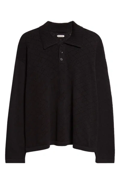 Bode Anisette Floral Pointelle Stitch Cotton Polo Sweater In Black