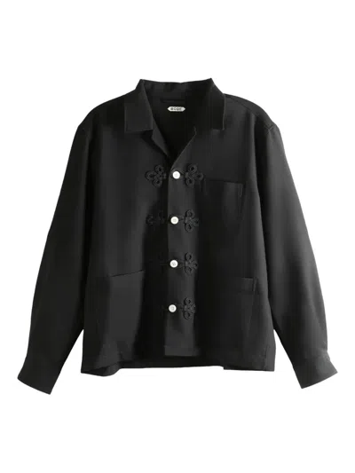 Bode Astor Trillium Camp-collar Embroidered Wool Shirt In Black