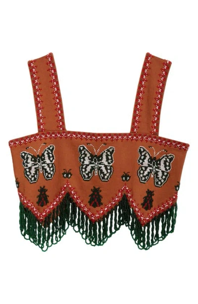 Bode Athalia Beaded Fringe Crop Top In Maroon Multi