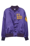 Bode Athlete's Rally Logo-appliquéd Embroidered Satin Bomber Jacket In Purple Multi