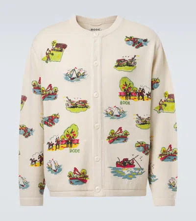 Bode Beaded Camp Wool And Cotton Cardigan In Sand