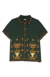 BODE BEADED PADDOCK SAMPLER SHORT SLEEVE SILK BUTTON-UP SHIRT