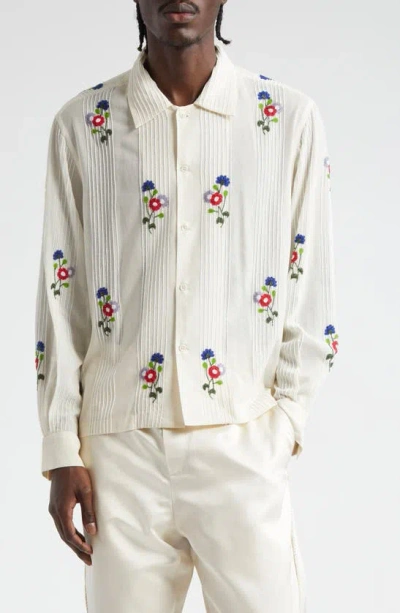 Bode Beaded Wildflower Long Sleeve Cotton Button-up Shirt In White Multi