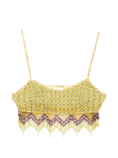 Bode Bottleglass Cropped Fringed Beaded Satin Top In Green