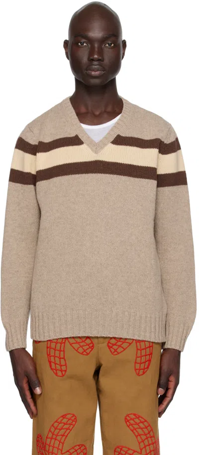 Bode Brewster V-neck Wool Sweater In Tnbrn Tan Brown